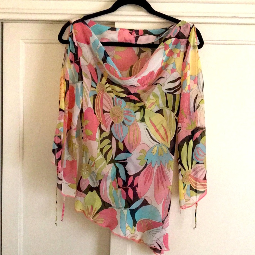 Georgiou Studio Mulitcolor Floral Blouse Top w/ Slit sleeves and ties